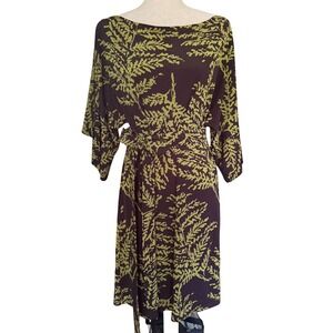 Beebop & Wally Fern Leaf Print Kimono Sleeve Belted Dress Sz Med Green Vintage